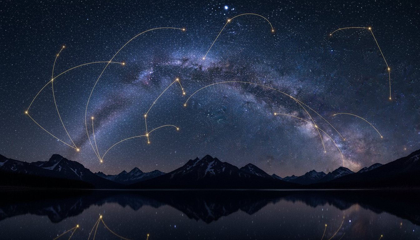Cosmic night sky with Milky Way and golden constellation lines