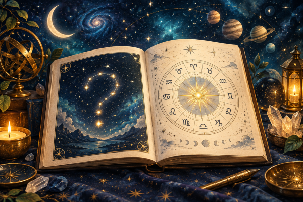 Astrology FAQ with a natal chart and glowing zodiac constellations
