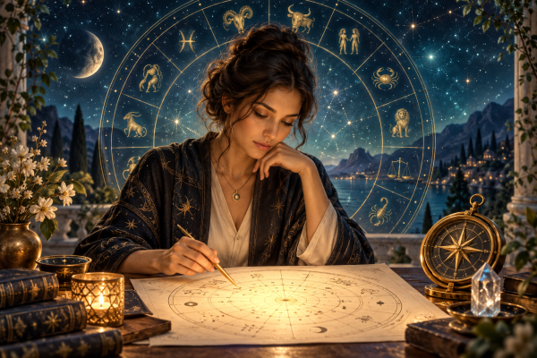 Trustworthy astrologer studying a glowing natal chart